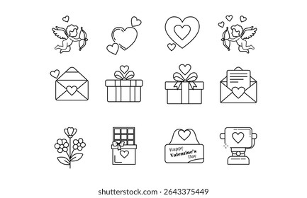 A comprehensive set of outline icons for Valentine's Day and love, including Cupid, hearts, gifts, letters, flowers, chocolate, and a trophy. Ideal for romantic themes.