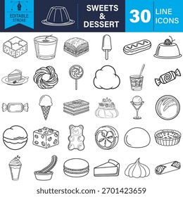A comprehensive set of outline icons for various sweets and desserts. Perfect for web, print, and app design, offering versatility and easy customization.