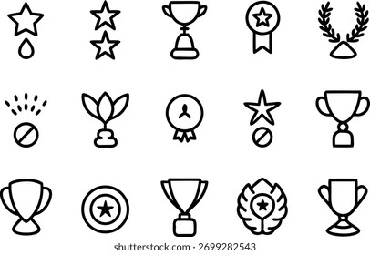 Um conjunto abrangente de ícones vetoriais que retratam vários prêmios, troféus, medalhas e símbolos de reconhecimento, ideais para projetos sobre sucesso, competição, vitória e prêmio.