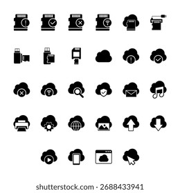 Un conjunto completo de más de 25 iconos sólidos de computación en la nube y almacenamiento.