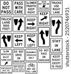 Comprehensive Set of Passing, Lane Use, and Traffic Control Signs: Do Not Pass, Keep Right, Slow Vehicles, and Bike Lane Guidance for Road Safety. Road signs in the United States.