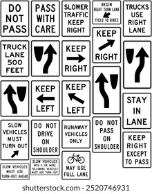 Conjunto abrangente de sinais de passagem, uso da faixa e controle de tráfego: não passe, mantenha-se à direita, veículos lentos e orientação de pista de bicicleta para segurança rodoviária. Sinalização rodoviária nos Estados Unidos.