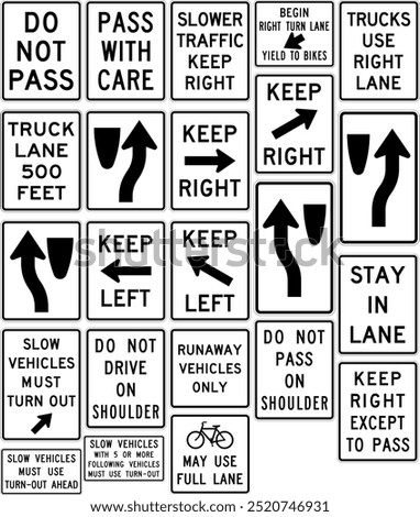 Comprehensive Set of Passing, Lane Use, and Traffic Control Signs: Do Not Pass, Keep Right, Slow Vehicles, and Bike Lane Guidance for Road Safety. Road signs in the United States.