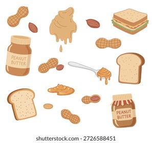 Eine umfassende Reihe von Illustrationen zum Thema Erdnussbutter, darunter Gläser, Erdnüsse, Brotscheiben, Löffel und Sandwiches.