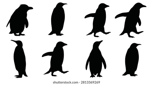 A comprehensive set of penguin silhouettes, showcasing various postures and movements such as standing upright, walking, and waddling across a surface. This vector collection provides detailed representations of these aquatic birds, suitable for wildlife, nature, or educational design projects with a focus on Antarctic fauna.