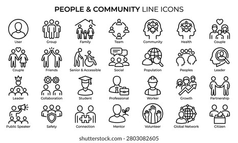 Comprehensive set of people and community line icons. Features user, group, family, team, community, health, couple, friends, senior, social, population, leader, collaboration, student, professional, worker, growth, partnership, public speaker, safety, connection, mentor, volunteer, global network, citizen. Ideal for social media, business presentations, and demographic studies.