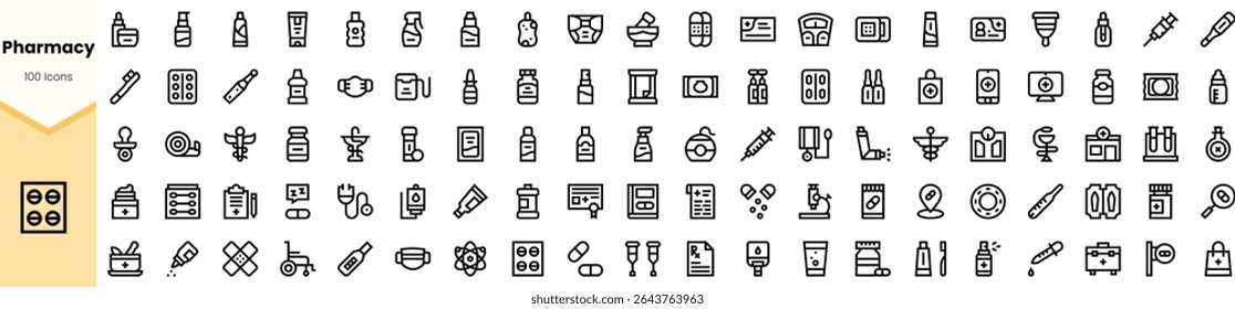 Um conjunto abrangente de ícones relacionados à farmácia com vários medicamentos, garrafas e itens de saúde, apresentados em um estilo de arte de linha limpo e minimalista.