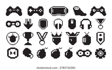 Comprehensive set of pixel art icons for gaming: controllers, medals, crowns, bombs, and gear.