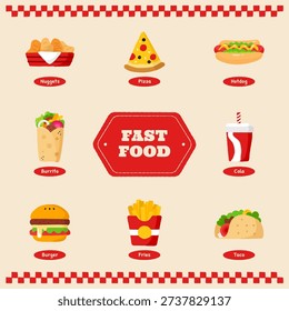 A comprehensive set of popular fast food and snack icons featuring nuggets, pizza, hotdogs, burritos, burgers, fries, tacos, and a soft drink. Each item is designed in a vibrant, flat vector style with clear text labels and a central "FAST FOOD", perfect for menus, food apps, and restaurant branding.