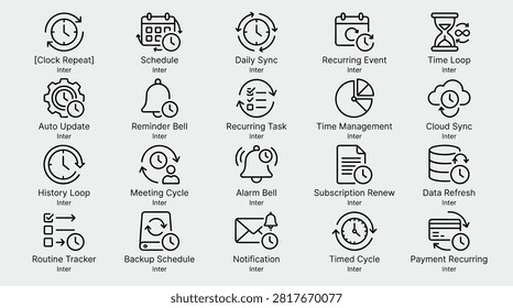 Comprehensive set of productivity icons depicting time tracking schedule planning and recurring tasks, professional workflow management symbols for business organization and efficiency, line art graphics representing clock repeats alarm notifications and data refresh cycles.