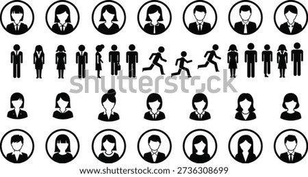 Comprehensive Set of Professional Business People Icons, Corporate Avatar Profiles, Human Resource Symbols, and Silhouette Figures for Workforce Management Data Visualization
