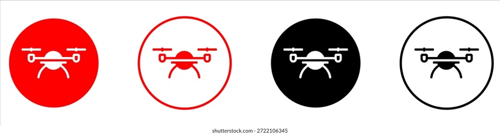 A comprehensive set of professional drone icons in red and black circular variations, designed as scalable vector graphics for technology branding, aerial photography services, and modern UI UX interface design
