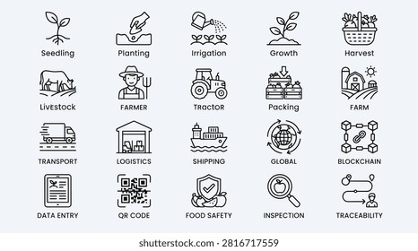 Comprehensive set of professional linear icons representing agriculture and modern supply chain management technology. Illustrations cover farming processes, global logistics, blockchain traceability, food safety, distribution, transport, digital tracking, and farm operations workflow.