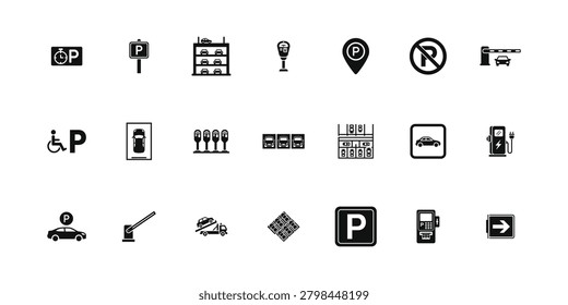 Comprehensive set of professional parking and transportation icons featuring parking signs garage buildings meters navigation pins accessibility symbols and charging stations isolated on white background essential for navigation systems mapping apps urban infrastructure design and vehicle facility.
