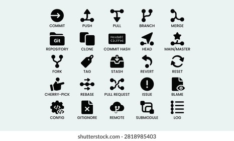 Comprehensive set of professional vector glyph icons covering git version control operations including branch merge push pull commit repository management tags stash revert reset rebase cherry pick and configuration for software development workflow and team collaboration.