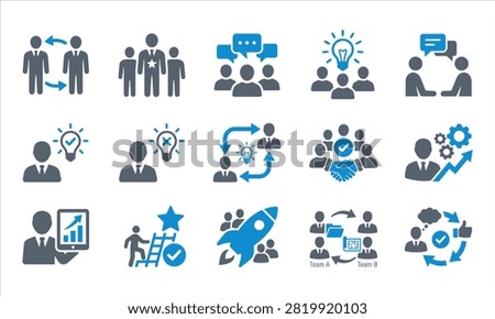 A comprehensive set of professional vector icons depicting business management, leadership, teamwork, strategic planning, and corporate development concepts.