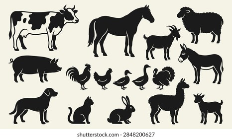 A comprehensive set of professional vector silhouettes representing a variety of common farm animals. The collection includes detailed outlines of cattle, horses, swine, poultry, and ovine species, suitable for agricultural logos, farming icons, and rural-themed graphic design elements.
