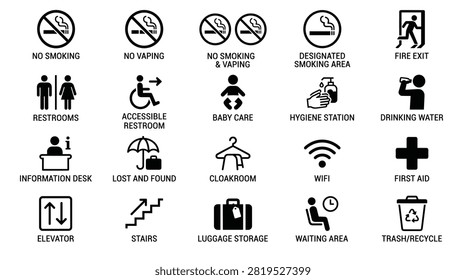 Comprehensive set of public facility icons. Features no smoking, vaping, smoking area, fire exit, restrooms, accessible restrooms, baby care, hygiene, drinking water, information, lost and found, cloakroom, wifi, first aid, elevator, stairs, luggage, waiting area, and trash.