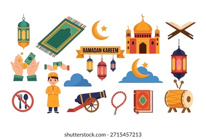 A comprehensive set of Ramadan icons featuring a mosque, prayer rug, Quran, and lanterns. Includes festive elements like a cannon, crescent moon, and zakat charity.