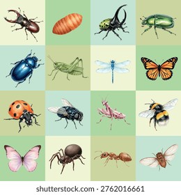 A comprehensive set of realistic watercolor insect illustrations including various beetles, butterflies, a bee, dragonfly, and ant isolated on a tiled background for nature design projects.