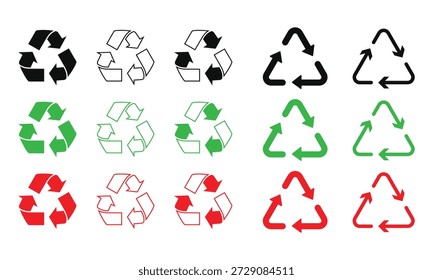 Conjunto completo de símbolos de reciclaje en diferentes estilos y tonos, que significan responsabilidad ambiental y reutilización de materiales, papel reciclado e Ilustración vectorial de marcas de paquetes industriales aislados sobre fondo blanco