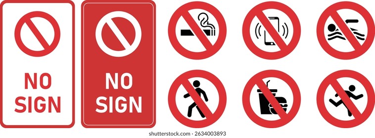 A comprehensive set of red prohibition signs including icons for no smoking, no phones, no swimming, and more. Includes two blank "No Sign" templates for customization. Suitable for safety signs, faci