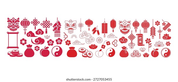 Un conjunto completo de iconos de silueta roja y símbolos relacionados con la celebración del Año Nuevo Lunar chino, incluyendo linternas, cabezas de león, petardos, bolsas de fortuna, símbolos de Yin Yang y tradicionales