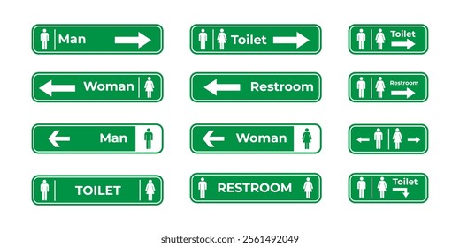 A comprehensive set of restroom and accessibility signage icons in green, suitable for navigation and informational purposes, featuring labels for men, women, handicap, baby, and other facilities