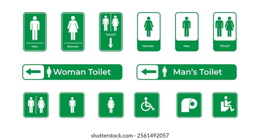 A comprehensive set of restroom and accessibility signage icons in green, suitable for navigation and informational purposes, featuring labels for men, women, handicap, baby, and other facilities