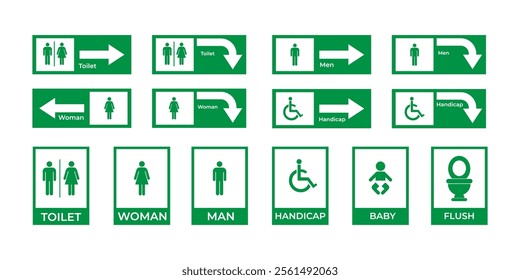 A comprehensive set of restroom and accessibility signage icons in green, suitable for navigation and informational purposes, featuring labels for men, women, handicap, baby, and other facilities