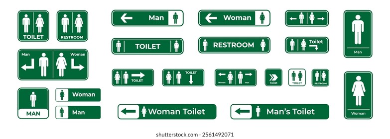 A comprehensive set of restroom and accessibility signage icons in green, suitable for navigation and informational purposes, featuring labels for men, women, handicap, baby, and other facilities