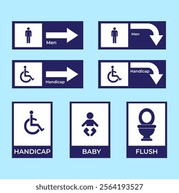 A comprehensive set of restroom and accessibility signage icons, suitable for navigation and informational purposes, featuring labels for men, women, handicap, baby, and other facilities