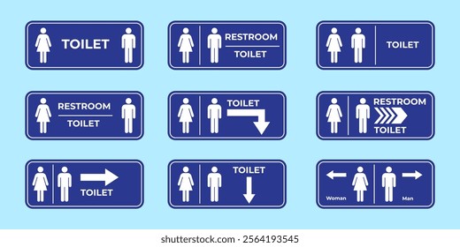 A comprehensive set of restroom and accessibility signage icons, suitable for navigation and informational purposes, featuring labels for men, women, handicap, baby, and other facilities