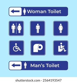 A comprehensive set of restroom and accessibility signage icons, suitable for navigation and informational purposes, featuring labels for men, women, handicap, baby, and other facilities