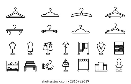 Comprehensive set of retail store and clothing display line icons including hangers, mannequins, shelves, and shop fixtures.
