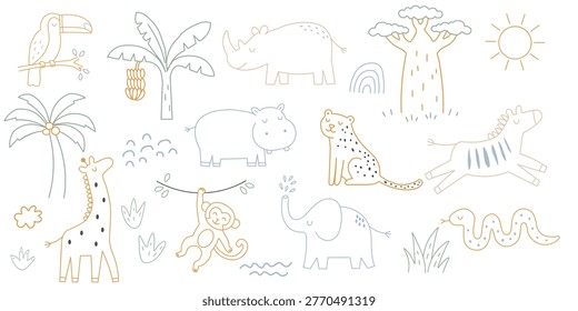 A comprehensive set of savannah-themed elements including a giraffe, hippo, rhino, elephant, and tropical plants. This clipart collection is designed for creating custom scenes on posters, invitations, or learning materials. The cohesive line-art style ensures a professional look for wildlife projects.