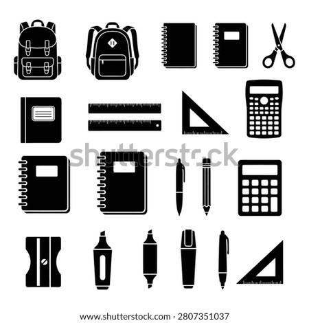 A comprehensive set of school and office supplies icons in black silhouette style, featuring backpacks, notebooks, calculators, rulers, scissors, and various stationery items isolated on a white background.