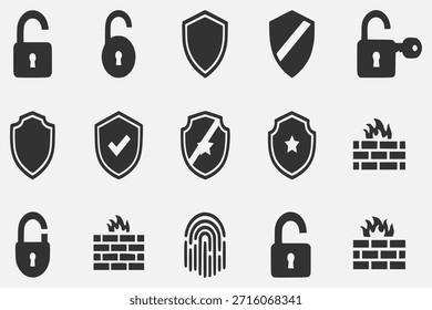 Un conjunto completo de iconos de seguridad y protección, con candados, escudos con varios símbolos, cortafuegos y una huella digital, que representan conceptos de seguridad digital y física.