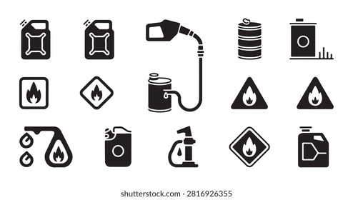 Comprehensive set of silhouette icons featuring gasoline jerrycans oil barrels warning signs and pump nozzles.