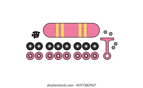 Comprehensive set of skateboard components including the deck, wheels, trucks, bearings, and bolts for easy assembly.