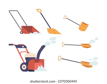 Comprehensive Set Of Snow Removal Tools And Equipment, Including Shovels, Snow Blower, And Salt Spreader