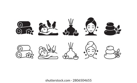 A comprehensive set of spa and wellness icons featuring massage, aromatherapy, and skincare symbols in both solid black silhouette and clean line art styles on white background.