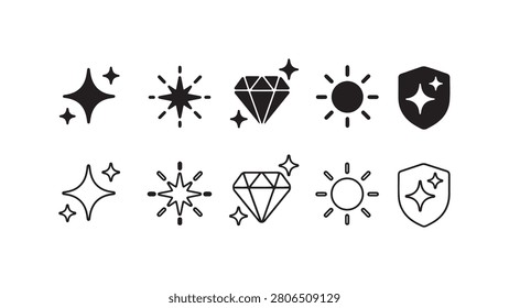 A comprehensive set of sparkle, diamond, sun, and shield icons in both solid black silhouette and minimal linear outline styles, isolated on a clean white background.