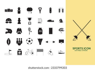 A comprehensive set of sport icons portrayed in vector illustration, showcasing various sports and fitness related activities in the design.