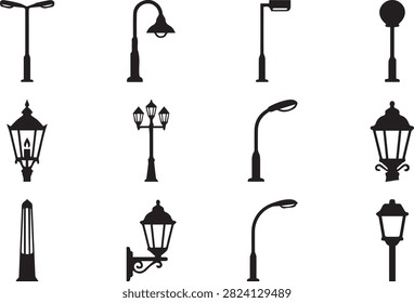 Comprehensive set of street lamp vectors. Modern and classic lamp post silhouettes. Exterior lighting fixtures. Outdoor furniture icons.
