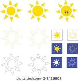 Un conjunto completo de iconos de sol con 2 variaciones de forma similares en 3 combinaciones de colores, además de una versión adicional con ojos. Incluye 6 estilos de Botón. Ideal para diversos proyectos de diseño.