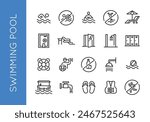 A comprehensive set of swimming pool icons. Includes simple representations of a swimmer, no diving symbol, swim cap, goggles, lifeguard whistle, life jacket, sunbed with umbrella. Vector illustration