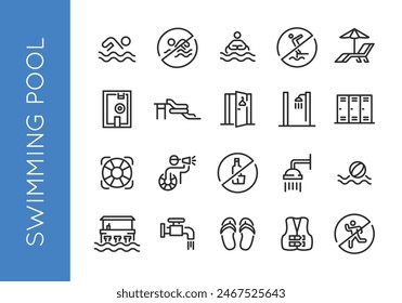 Ein umfangreicher Satz von Swimmingpool-Icons. Beinhaltet einfache Darstellungen eines Schwimmers, kein Tauchsymbol, Badekappe, Schwimmbrille, Rettungspfeife, Schwimmweste, Sonnenbank mit Regenschirm. Vektorillustration