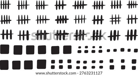 Comprehensive set of tally mark symbols and geometric square dot icons. Black vector elements for counting groups of five or individual units. Versatile design assets for scoring systems and data visualization. Hand drawn style strokes and solid blocks. Clean arrangement for user interface design.