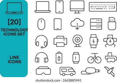 Umfassender Satz von Technology Line Icons für moderne digitale Geräte und Konnektivitätskonzepte Grafische Ressourcendarstellung
